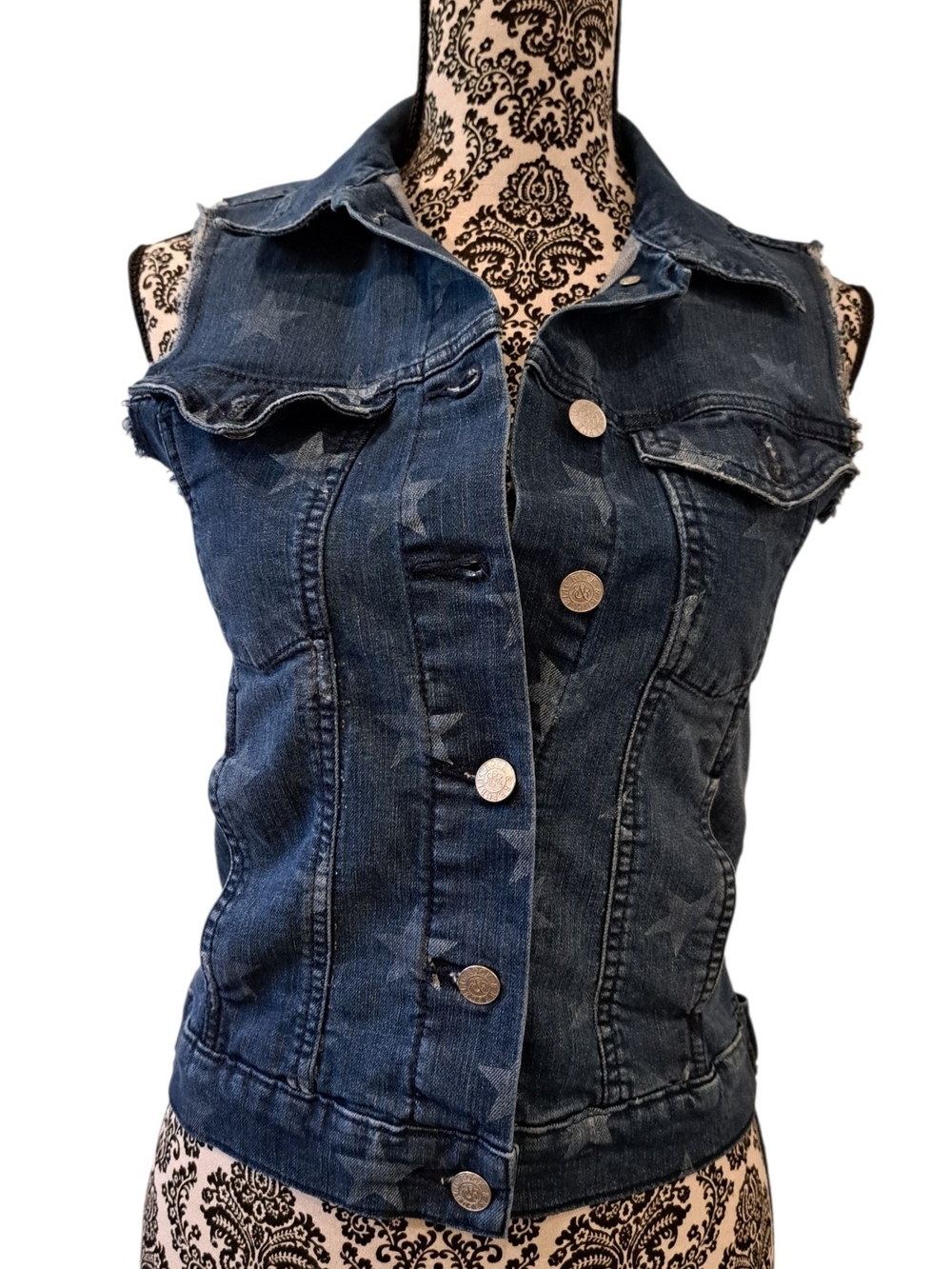 Rock & Republic jean vest Medium Blue Star-Print Denim Pocket Buttons size XS - Picture 3 of 13